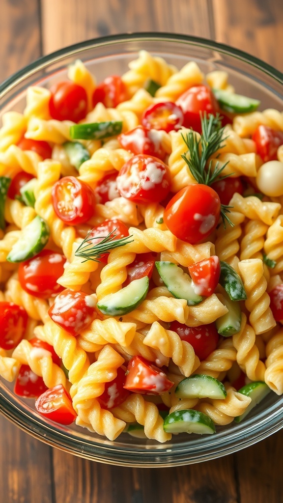 Creamy Dill Rainbow Pasta Salad Recipe A vibrant creamy dill rainbow pasta salad with colorful vegetables in a glass bowl.